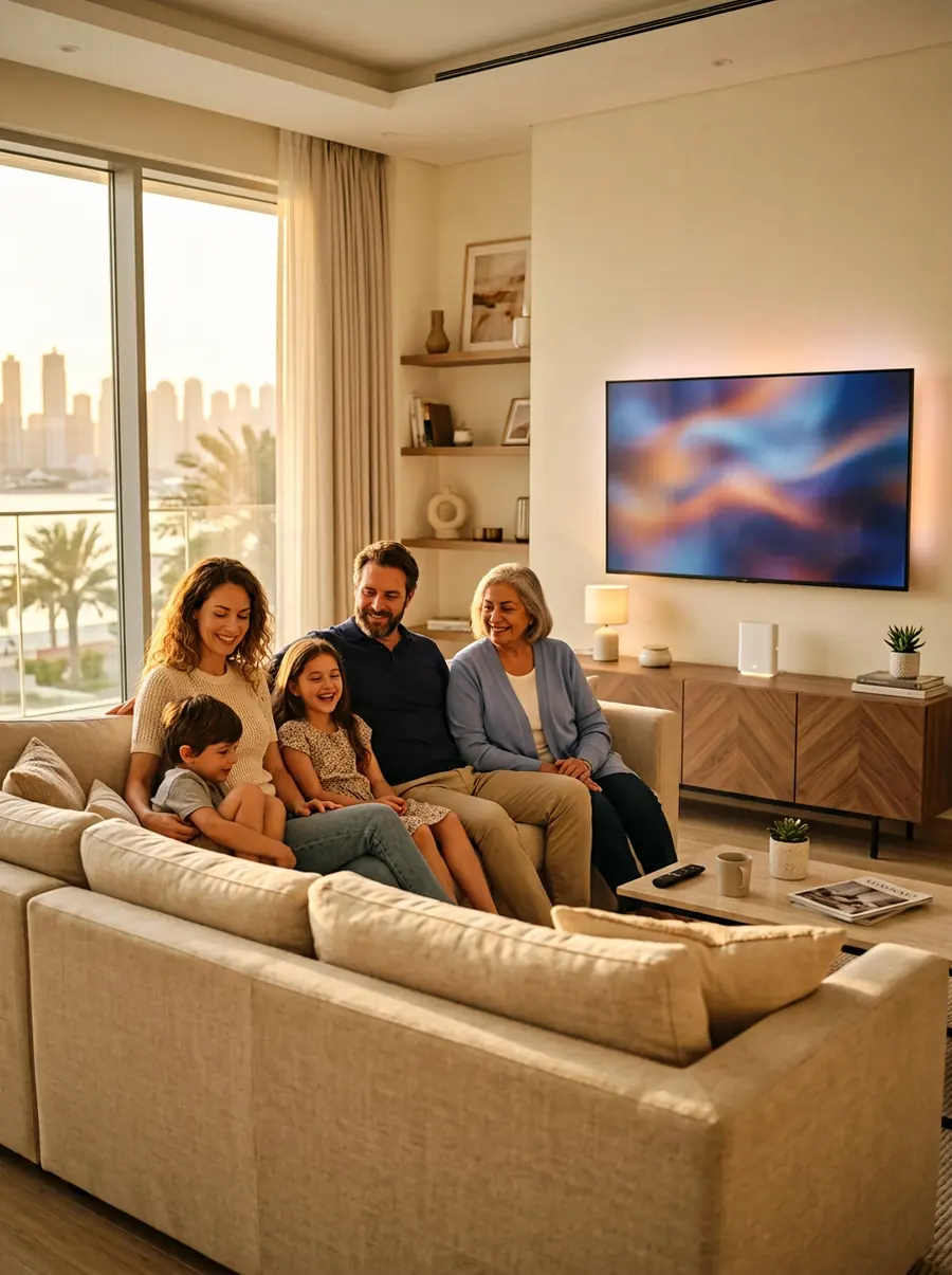 A family streaming TV in a bright Dubai villa living room at golden hour